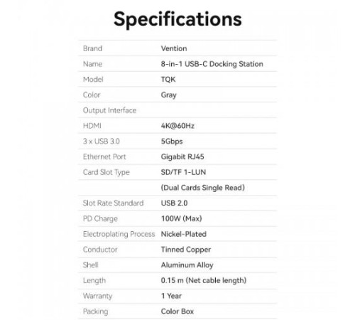 Мультифункциональный хаб Vention USB Type C 8 в 1 Мультифункциональный хаб Vention USB Type C 8 в 1