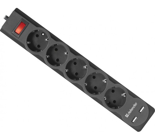 Сетевой фильтр Defender DFS 751 1,8 м, 5 розеток, 2xUSB, 2.1A Сетевой фильтр Defender DFS 751 1,8 м, 5 розеток, 2xUSB, 2.1A