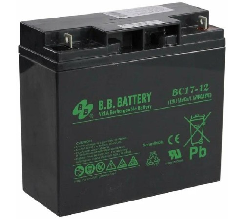 Батарея B.B. Battery серия BC, BC17-12, напряжение 12В, емкость 17Ач (разряд 20 часов), макс. ток разряда (5 сек.) 255А, макс. ток заряда 5.1A, свинцово-кислотная типа AGM, клеммы B1, ДxШxВ 181x76x166мм., вес 5.62кг., срок службы 5-7 лет/ B.B. Battery ser Батарея B.B. Battery серия BC, BC17-12, напряжение 12В, емкость 17Ач (разряд 20 часов), макс. ток разряда (5 сек.) 255А, макс. ток заряда 5.1A, свинцово-кислотная типа AGM, клеммы B1, ДxШxВ 181x76x166мм., вес 5.62кг., срок службы 5-7 лет/ B.B. Battery ser