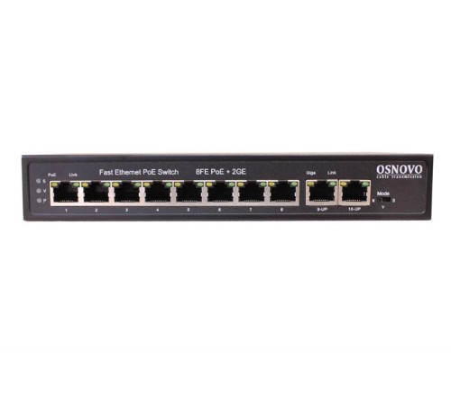 PoE Коммутатор OSNOVO SW-20820(120W) PoE коммутатор Fast Ethernet на 10 RJ45 портов. Порты: 1 x FE (10/100Base-T) с PoE (до 60W, A+B) + 7 x FE (10/100Base-T) с PoE (до 30W), 2 x GE (10/100/1000 Base-T). Соответствуе PoE Коммутатор OSNOVO SW-20820(120W) PoE коммутатор Fast Ethernet на 10 RJ45 портов. Порты: 1 x FE (10/100Base-T) с PoE (до 60W, A+B) + 7 x FE (10/100Base-T) с PoE (до 30W), 2 x GE (10/100/1000 Base-T). Соответствуе