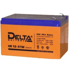 Батарея DELTA серия HR-W, HR 12-51 W, напряжение 12В, емкость 12Ач (разряд 20 часов),  макс. ток разряда (5 сек.) 180А, макс. ток заряда 3.6А, свинцово-кислотная типа AGM, клеммы F2, ДxШxВ 151х98х95мм., вес 3.8кг., срок службы 8 лет./ Battery DELTA series