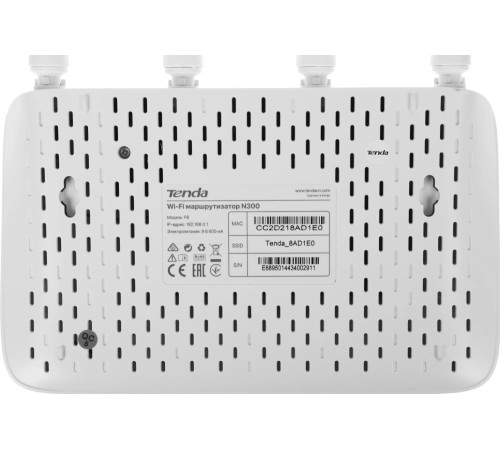 Маршрутизатор/ Tenda F6 Wi-Fi роутер N300, до 300 Мбит/с на 2,4 ГГц, LAN 3x100 Мбит/с, WAN 1x100 Мбит/с, 4x5dBi антенны, белый корпус
