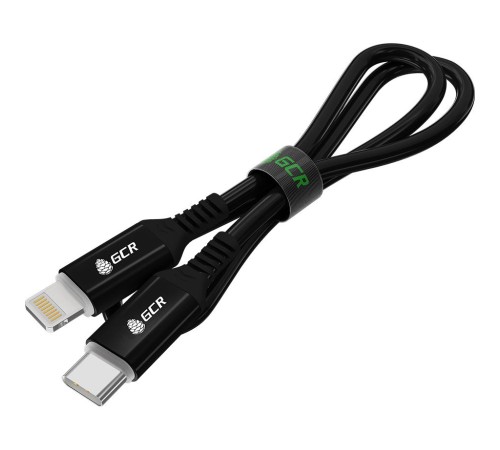 GCR Кабель PREMIUM 1.0m TypeC/Lightning MFI POWER DELIVERY 18 W, быстрая зарядка, черный силикон, AL case черный, черный ПВХ, GCR-53535