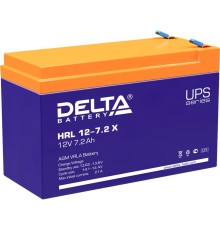 Батарея DELTA серия HRL-X, HRL 12-7,2 X, напряжение 12В, емкость 7.2Ач (разряд 10 часов),  макс. ток разряда (5 сек.) 108А, макс. ток заряда 2.16А, свинцово-кислотная типа AGM, клеммы F2, ДxШxВ 151х65х94мм., вес 2.6кг., срок службы 12 лет./ Battery DELTA