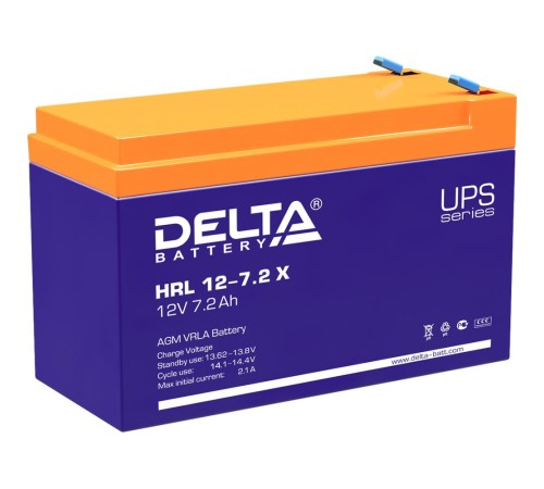 Батарея DELTA серия HRL-X, HRL 12-7,2 X, напряжение 12В, емкость 7.2Ач (разряд 10 часов), макс. ток разряда (5 сек.) 108А, макс. ток заряда 2.16А, свинцово-кислотная типа AGM, клеммы F2, ДxШxВ 151х65х94мм., вес 2.6кг., срок службы 12 лет./ Battery DELTA Батарея DELTA серия HRL-X, HRL 12-7,2 X, напряжение 12В, емкость 7.2Ач (разряд 10 часов), макс. ток разряда (5 сек.) 108А, макс. ток заряда 2.16А, свинцово-кислотная типа AGM, клеммы F2, ДxШxВ 151х65х94мм., вес 2.6кг., срок службы 12 лет./ Battery DELTA