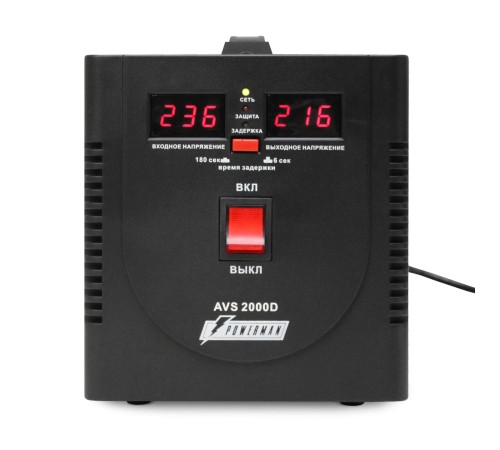 Стабилизатор POWERMAN AVS 2000D, черный, ступенчатый регулятор, цифровые индикаторы уровней напряжения, 2000ВА, 140-260В, максимальный входной ток 12А, 2 евророзетки, IP-20, напольный, 200мм х 160мм х 190мм, 4.9 кг./ Stabilizer POWERMAN AVS 2000D, black, Стабилизатор POWERMAN AVS 2000D, черный, ступенчатый регулятор, цифровые индикаторы уровней напряжения, 2000ВА, 140-260В, максимальный входной ток 12А, 2 евророзетки, IP-20, напольный, 200мм х 160мм х 190мм, 4.9 кг./ Stabilizer POWERMAN AVS 2000D, black,