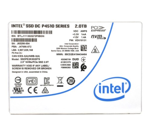 Твердотельный накопитель/ Intel SSD DC P4510 Series, 2.0TB, U.2(2.5" 15mm), NVMe, PCIe 3.1 x4, TLC, R/W 3200/2000MB/s, IOPs 637 000/81 500, TBW 2610, DWPD 1 (12 мес.) Твердотельный накопитель/ Intel SSD DC P4510 Series, 2.0TB, U.2(2.5" 15mm), NVMe, PCIe 3.1 x4, TLC, R/W 3200/2000MB/s, IOPs 637 000/81 500, TBW 2610, DWPD 1 (12 мес.)