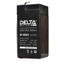Батарея DELTA серия DT, DT 6023, напряжение 6В, емкость 2.3Ач (разряд 20 часов),  макс. ток разряда (5 сек.) 30А, макс. ток заряда 0.69А, свинцово-кислотная типа AGM, клеммы F1, ДxШxВ 44х47х101мм., вес 0.45кг., срок службы 5 лет./ Battery DELTA series DT,