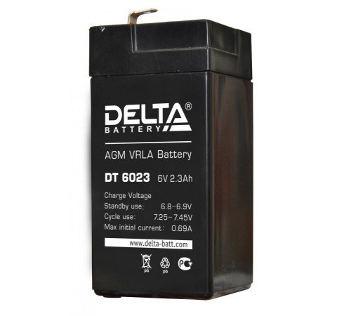 Батарея DELTA серия DT, DT 6023, напряжение 6В, емкость 2.3Ач (разряд 20 часов),  макс. ток разряда (5 сек.) 30А, макс. ток заряда 0.69А, свинцово-кислотная типа AGM, клеммы F1, ДxШxВ 44х47х101мм., вес 0.45кг., срок службы 5 лет./ Battery DELTA series DT,