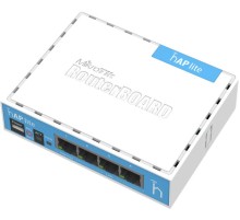 Точка доступа wi-fi MikroTik hAP lite with 650MHz CPU, 32MB RAM, 4xLAN, built-in 2.4Ghz 802.11b/g/n 2x2 two chain wireless with integrated antennas, RouterOS L4, desktop case, PSU