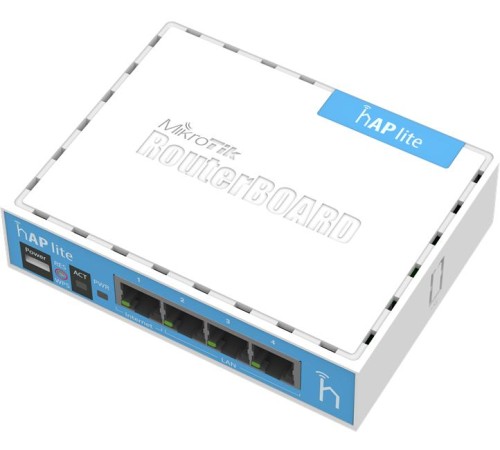 Точка доступа wi-fi MikroTik hAP lite with 650MHz CPU, 32MB RAM, 4xLAN, built-in 2.4Ghz 802.11b/g/n 2x2 two chain wireless with integrated antennas, RouterOS L4, desktop case, PSU
