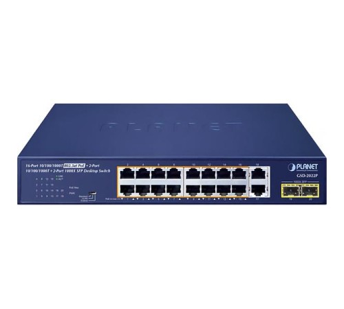 коммутатор/ PLANET GSD-2022P 16-Port 10/100/1000T 802.3at PoE + 2-Port 10/100/1000T + 2-Port 1000X SFP Unmanaged Gigabit Ethernet Switch (185W PoE Budget, Standard/VLAN/Extend mode, supports PD alive check, desktop size with rackmount kit)