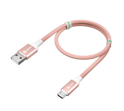 GCR QC Кабель 0.5m MicroUSB, быстрая зарядка, розовый нейлон, AL корпус розовый, белый ПВХ, 28/24 AWG, GCR-52464