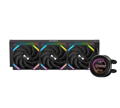 Водяное охлаждение для процессора/ Water Cooling System SAMA Q60 Black (360mm, LED temp., Black, ARGB/ Fans: 3x120mm, 86CFM, 30dBA, 2600RPM/ Pump height 64mm, 30dBA, 2800RPM, Rad thickness 27mm/ S: 1851, 1700, 1200, 20XX, 115X, AM5, AM4)