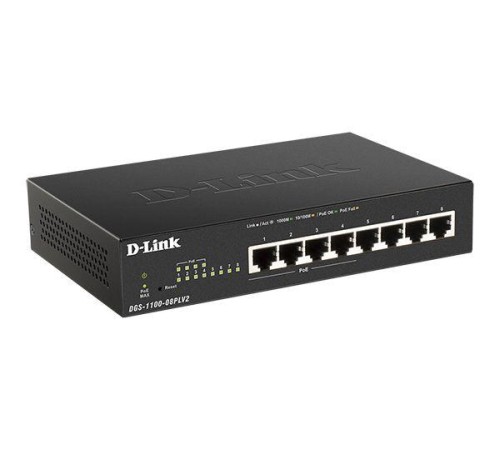 Коммутатор/ DGS-1100-08PLV2,DGS-1100-08PLV2/B EasySmart L2 Switch 8х1000Base-T (4х1000Base-T PoE), PoE Budget 80W