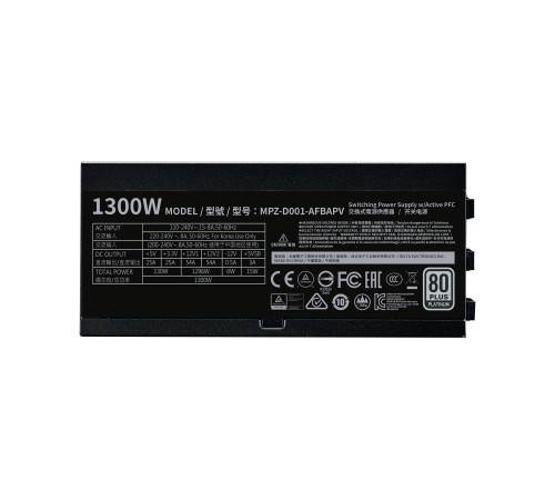 Блок питания 1300W/ Power Supply Cooler Master V1300, 1300W, ATX, 135mm, 16xSATA, 12xPCI-E(6+2), APFC, 80+ Platinum Блок питания 1300W/ Power Supply Cooler Master V1300, 1300W, ATX, 135mm, 16xSATA, 12xPCI-E(6+2), APFC, 80+ Platinum