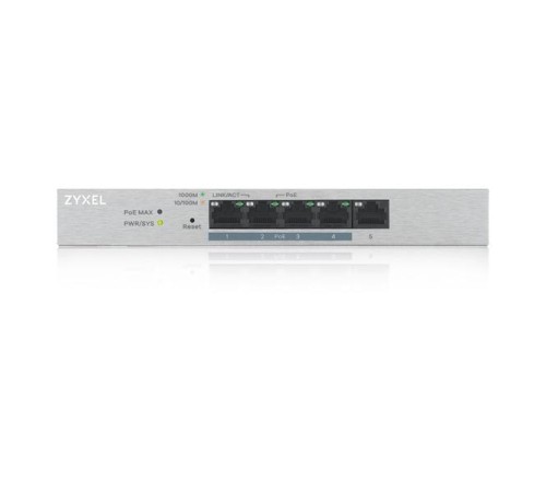 Коммутатор Smart L2 коммутатор PoE+ Zyxel GS1200-5HP v2, 5xGE (4xPoE+), настольный, бесшумный, с поддержкой VLAN, IGMP, QoS и Link Aggregation, бюджет PoE 60 Вт