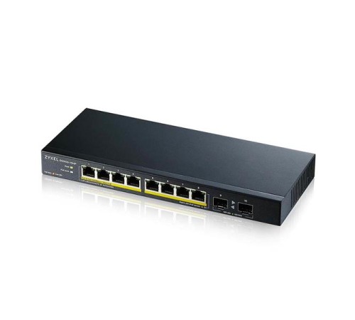 Коммутатор PoE+ Zyxel GS1100-10HP, 8xGE PoE+, 2xSFP, настольный, бесшумный, бюджет PoE 130 Вт, Kensigton lock