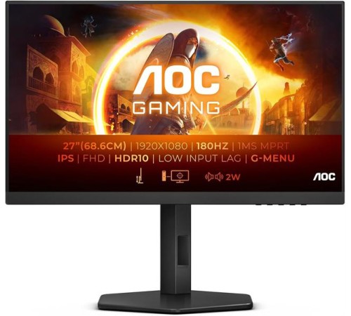 Монитор 27" AOC 27G4X 1920x1080, WLED, 16:9, Fast IPS, 300cd, 1000:1, 80M:1, 1ms, 178/178, HDMI*2, DP, 180Hz, Speakers, HAS, Pivot, Tilt, Swivel, Внут, VESA, Black/Grey, 3y
