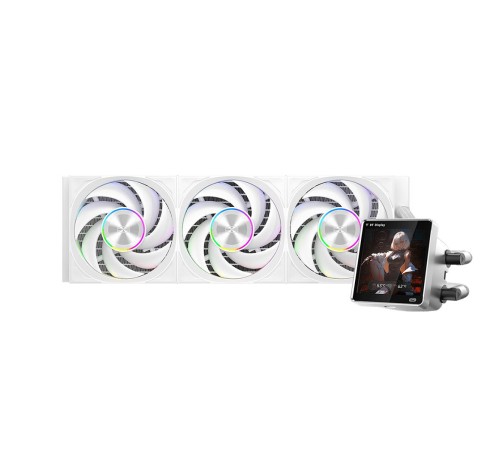 Система охлаждения/ Water Cooling System PCCooler DT360 ARGB Display WH (300W, 360mm, LED temp., White, ARGB/ Fans: 3x120mm, 83.83CFM, 3000RPM/ Pump height 62mm, 15dBA, 2600RPM, Rad thickness 27mm/ S: 1851, 1700, 1200, 115X, AM5, AM4)