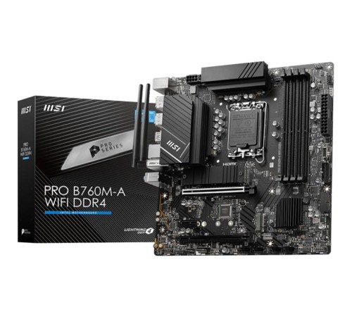 Материнская плата/ MB MSI INTEL B760 s1700, 4xDDR4(128GB), 2xHDMI 2.1/2xDP, 1xPCIe 4.0x16, 1xPCIe 3.0x16, 1xPCIe 3.0, 1xLAN (2.5GbE), Wi-Fi, BT, 4xSATA 6Gb/s, 2xM.2, 4xUSB 3.2, 2xUSB 2.0, 1xPS/2, mATX Материнская плата/ MB MSI INTEL B760 s1700, 4xDDR4(128GB), 2xHDMI 2.1/2xDP, 1xPCIe 4.0x16, 1xPCIe 3.0x16, 1xPCIe 3.0, 1xLAN (2.5GbE), Wi-Fi, BT, 4xSATA 6Gb/s, 2xM.2, 4xUSB 3.2, 2xUSB 2.0, 1xPS/2, mATX
