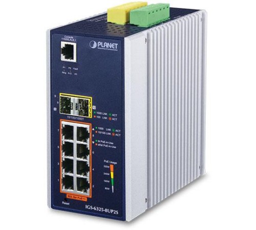 коммутатор/ PLANET IGS-6325-8UP2S IP30 DIN-rail Industrial L3 8-Port 10/100/1000T 802.3bt PoE + 2-port 1G/2.5G SFP Full Managed Switch (-40 to 75 C, 8-port 95W PoE++, 802.3bt/PoH/Force modes, dual redundant power input on 48~56VDC terminal block, DIDO, ER