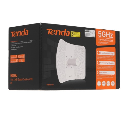 Точка доступа/ Tenda O9 Наружная точка доступа, 5 ГГц, до 867 Мбит/с, внешняя антенна 1x23dBi, IP65, PoE, LAN 1x1 Гбит/с