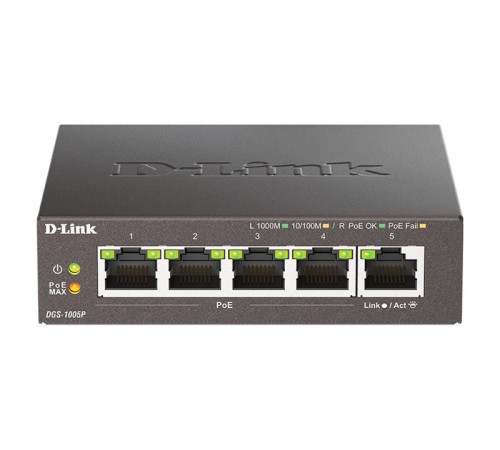 коммутатор D-Link Неуправляемый PoE-коммутатор, 5x1000Base-T (4x1000Base-T PoE), PoE-бюджет 60 Вт, корпус металл