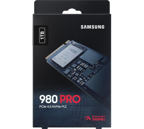 Твердотельные накопители/ Samsung SSD 980 PRO, 1000GB, M.2(22x80mm), NVMe 1.3c, PCIe 4.0 x4, 3-bit MLC, R/W 7000/5000MB/s, IOPs 1 000 000/1 000 000, DRAM buffer 1024MB, TBW 600, DWPD 0.33, with Heatsink (12 мес.)