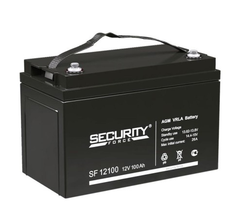 Аккумуляторная батарея/ SECURITY FORCE SF series battery, SF 12100, voltage 12V, capacity 100Ah (discharge 20 hours), max. discharge current (5 sec.) 50A, max. charging current 26A, lead-acid AGM type, M8 bolt terminals, LxWxH 330x172x216mm., weight 26.5