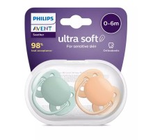 Пустышка ultra soft, нежно-зеленая/оранжевая без рисунка, 0-6 мес., 2 шт.