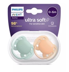Пустышка ultra soft, нежно-зеленая/оранжевая без рисунка, 0-6 мес., 2 шт.