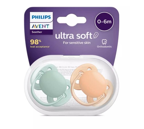Пустышка ultra soft, нежно-зеленая/оранжевая без рисунка, 0-6 мес., 2 шт.