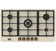 Встраиваемая варочная панель Korting/ Газ, 90см, Поворотные регуляторы, Газ-контроль, 5 высокоэффективных газовых конфорки, Чугунная подставка WOK, слоновая кость, ручки бронза