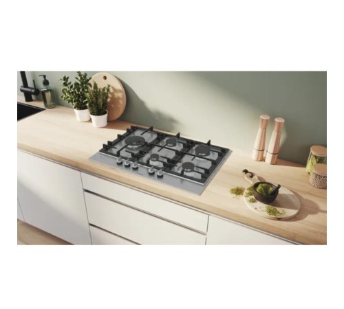 Встраиваемая варочная панель BOSCH Газ,  75 см, нерж.сталь, независимая, нержавеющая сталь,чугунные решетки