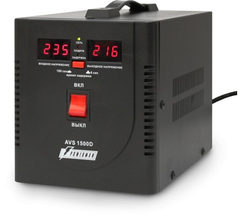 Стабилизатор POWERMAN AVS 1500D, черный, ступенчатый регулятор, цифровые индикаторы уровней напряжения, 1500ВА, 140-260В, максимальный входной ток 10А, 2 евророзетки, IP-20, напольный, 200мм х 160мм х 190мм, 4 кг./ Stabilizer POWERMAN AVS 1500D, black, s Стабилизатор POWERMAN AVS 1500D, черный, ступенчатый регулятор, цифровые индикаторы уровней напряжения, 1500ВА, 140-260В, максимальный входной ток 10А, 2 евророзетки, IP-20, напольный, 200мм х 160мм х 190мм, 4 кг./ Stabilizer POWERMAN AVS 1500D, black, s