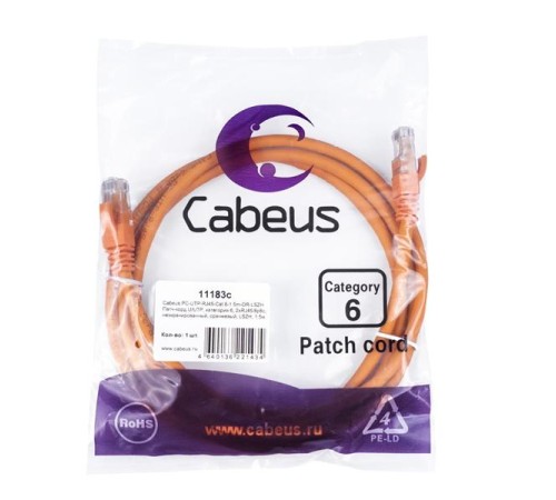 Патч-корд Cabeus PC-UTP-RJ45-Cat.6-1.5m-OR-LSZH Патч-корд U/UTP, категория 6, 2xRJ45/8p8c, неэкранированный, оранжевый, LSZH, 1.5м