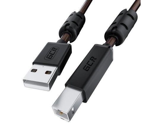 GCR Кабель PROF 5.0m USB 2.0, AM/BM, черно-прозрачный, ферритовые кольца, 28/24 AWG, экран, армированный, морозостойкий, GCR-52419