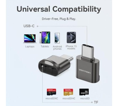 Картридер Vention OTG USB 2.0 CM / MicroSD - Серый Картридер Vention OTG USB 2.0 CM / MicroSD - Серый