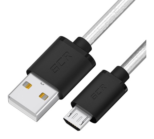 GCR Кабель 0.5m MicroUSB, прозрачный, черные коннекторы, быстрая зарядка, 28/24 AWG, GCR-54475
