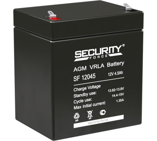 Батарея SECURITY FORCE серия SF, SF 12045, напряжение 12В, емкость 4.6Ач (разряд 20 часов), макс. ток разряда (5 сек.) 60А, макс. ток заряда 1.35А, свинцово-кислотная типа AGM, клеммы F1, ДxШxВ 90х70х101мм., вес кг., срок службы 3-5 лет./ Battery SECURIT Батарея SECURITY FORCE серия SF, SF 12045, напряжение 12В, емкость 4.6Ач (разряд 20 часов), макс. ток разряда (5 сек.) 60А, макс. ток заряда 1.35А, свинцово-кислотная типа AGM, клеммы F1, ДxШxВ 90х70х101мм., вес кг., срок службы 3-5 лет./ Battery SECURIT