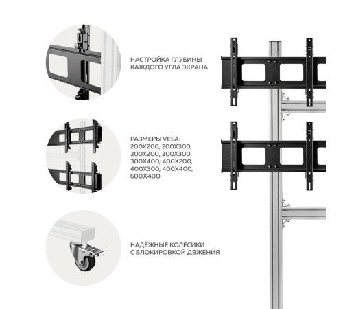 ONKRON напольный мобильный стенд для видеостен 2х2 4 x 43”- 55" FSPRO2L-22 серебристый ONKRON напольный мобильный стенд для видеостен 2х2 4 x 43”- 55" FSPRO2L-22 серебристый