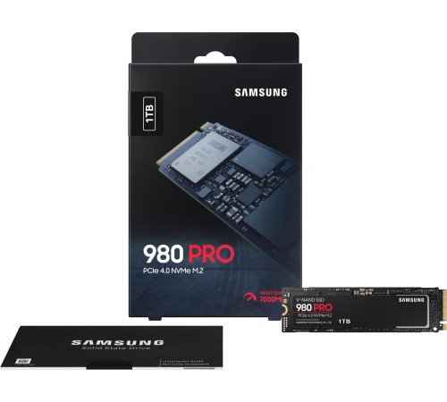 Твердотельные накопители/ Samsung SSD 980 PRO, 1000GB, M.2(22x80mm), NVMe 1.3c, PCIe 4.0 x4, 3-bit MLC, R/W 7000/5000MB/s, IOPs 1 000 000/1 000 000, DRAM buffer 1024MB, TBW 600, DWPD 0.33, with Heatsink (12 мес.)