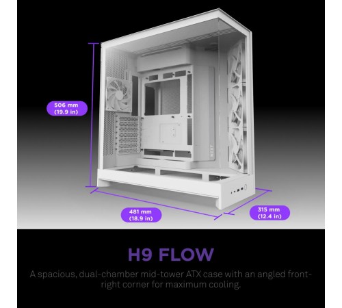 Корпус без блока питания/ Case NZXT H9 Flow (2025), Midi-Tower, TG, 3x140mm + 1x120mm, 2xUSB-A 3.2 + 1xUSB-C 3.2, E-ATX, ATX, mATX, mITX White