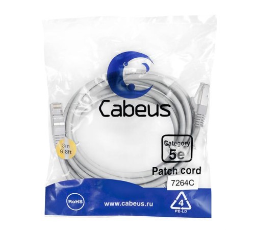 Cabeus PC-FTP-RJ45-Cat.5e-3m Патч-корд F/UTP, категория 5е, 2xRJ45/8p8c, экранированный, серый, PVC, 3м