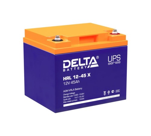 Батарея DELTA серия HRL-X, HRL 12-45 X, напряжение 12В, емкость 45Ач (разряд 10 часов),  макс. ток разряда (5 сек.) 450А, макс. ток заряда 13.5А, свинцово-кислотная типа AGM, клеммы под болт М6, ДxШxВ 198х166х170мм., вес 14.8кг., срок службы 12 лет./ Batt