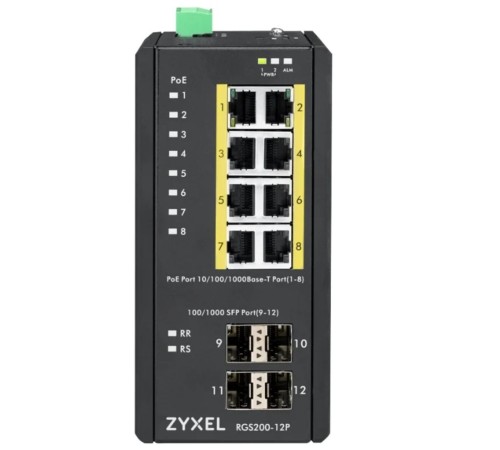 Коммутатор/ ZYXEL RGS200-12P, 12 Port managed PoE Switch, 240 Watt PoE, DIN Rail, IP30, 12-58V DC