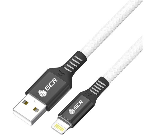 GCR Кабель PREMIUM 1.2m для iPhone, iPad, Air, AM/Lightning, MFI, белый нейлон, AL case черный, 28/24 AWG, GCR-53447