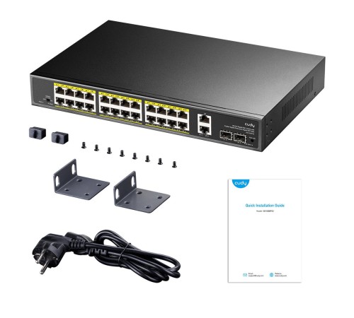 Коммутатор/ 24-10/100/1000 BASE-T Gigabit ports, 2-Port 10/100/1000 BASE-T Gigabit Uplink ports, 2-1000 BASE-X SFP Slot, 24-port IEEE 802.3at PoE+ Injector, 300 watts total Power budget, Supports PoE power up to 30W for each PoE port, Extend Mode (Transmi