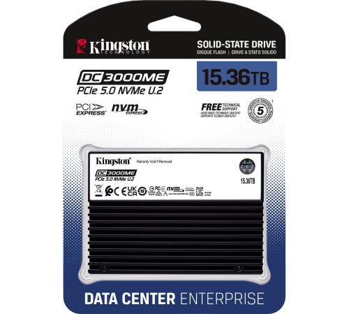 Твердотельный накопитель/ Kingston SSD DC3000ME 15360GB, U.2(2.5" 15mm), NVMe, PCIe Gen 5x4, 3D TLC, R/W 14000/9700MB/s, IOPs 2 700 000/400 000, TBW 28032, DWPD 1(12 мес)